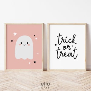 Halloween Cute Little Ghost and Trick or Treat Printable Wall Art Bundle - Pink | Halloween Print Decor | Kids Room Playroom Nursery Poster