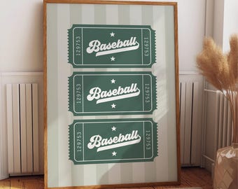 Lámina de béisbol retro para pared, impresiones de boletos vintage, decoración para habitación de niño, arte mural verde, póster imprimible de boletos deportivos, decoración para cuarto de juegos de niño