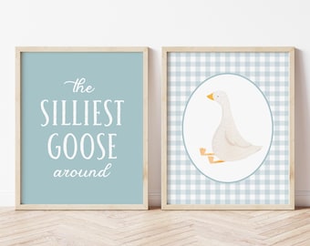 Silly Goose Wall Art Silliest Goose Around Prints Set of 2, Blue Nursery Wall Decor, Gingham Cottage Core Baby Toddler Room Aesthetic