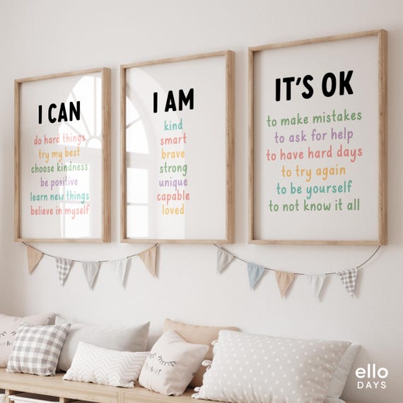 Kids Affirmation Poster Set of 3, Positive Affirmations Wall Art Bundle, I Am Motivational Poster, Classroom Affirmation Decor Set
