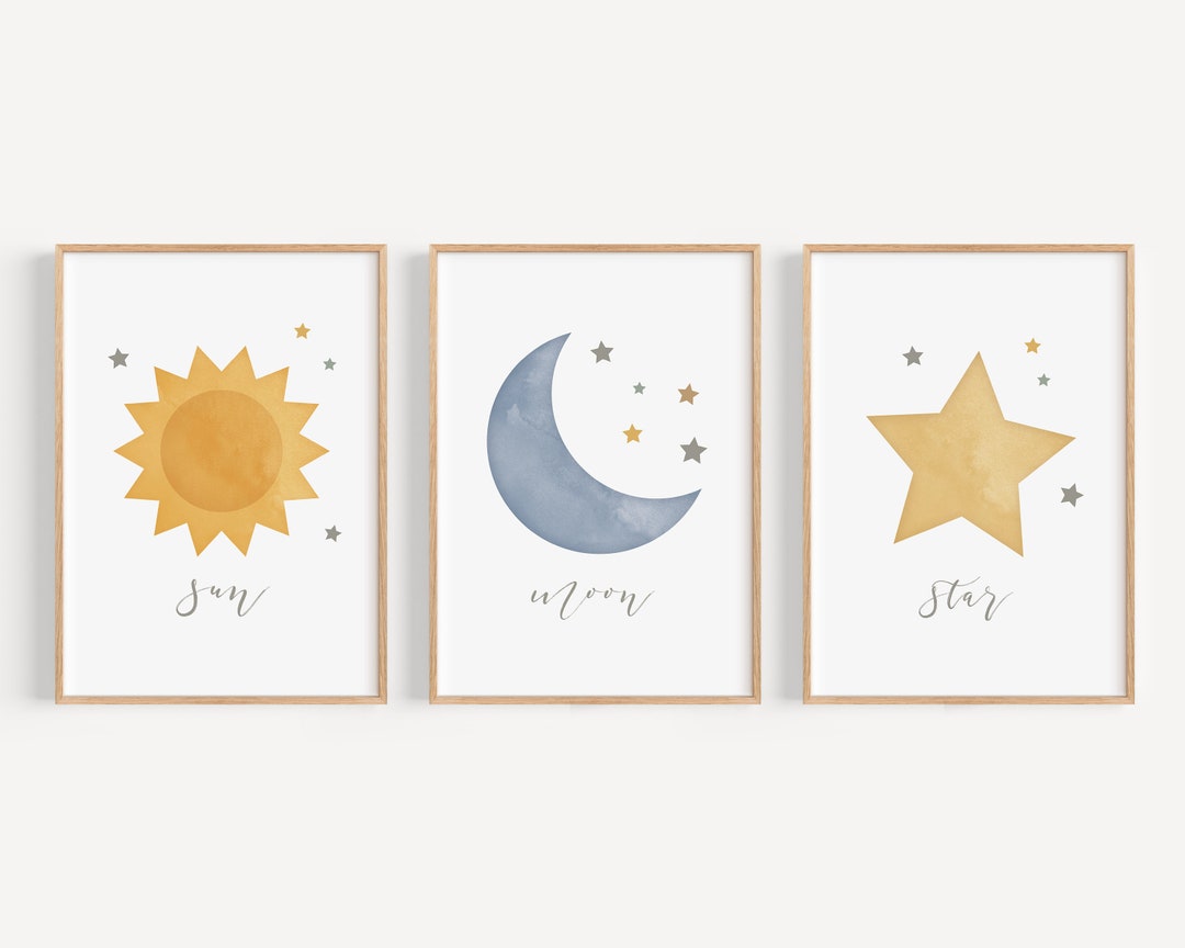 Sun Moon Star Set of 3 Nursery Wall Art Printable Celestial Baby Kids