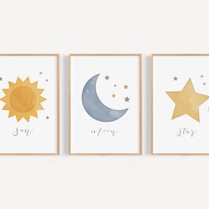 Sonne Mond Stern 3er-Set Kinderzimmer-Wandkunst zum Ausdrucken | Himmlische Baby-Kinderzimmer-Dekoration | Spielzimmer-Posterdruck-Bundle | Digitaler Download
