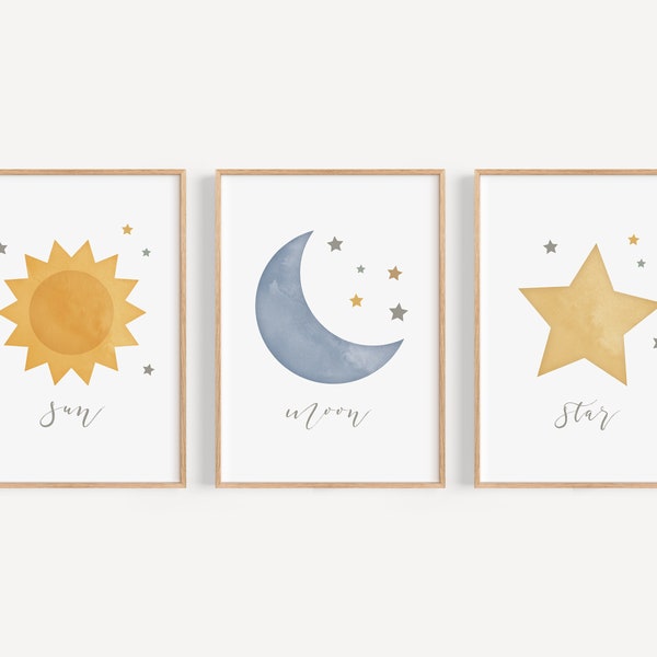 Sonne Mond Stern 3er Set Kinderzimmer Wand Kunst Printable | Celestial Baby Kinderzimmer Dekor | Spielzimmer Poster Drucke Bundle | Digitaler Download