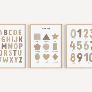 Formes neutres de l'alphabet, chiffres de 1 à 10, oeuvre d'art murale imprimable | Ensemble d'affiches éducatives | Décoration pour chambre d'enfant, salle de jeux, école à la maison