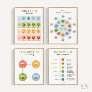 Therapy Emotions Feelings Poster Bundle, Zones Regulation, Breathing, Mood Meter Signs, School Counselor Wall Art