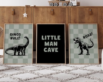 Little Man Cave Dinosaur Set of 3 Prints Boy Room Wall Decor, Dinosaur Posters Toddler Boy Room Decor, Dino Poster Set Wall Art