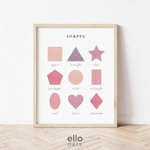 Pink Shapes Wall Art Print / Cartel de aprendizaje educativo / Decoración de guardería para bebés / Sala de juegos para niños Decoración del aula de educación en el hogar / Impresión digital