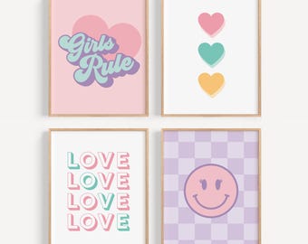 Set di 4 poster per la decorazione della stanza delle bambine, stampe per la sala giochi delle bambine, decorazioni da parete per ragazze adolescenti, arte da parete rosa per la cameretta dei bambini, bundle Girls Rule