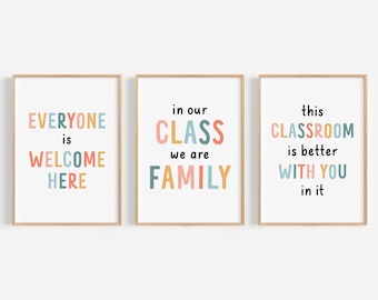 Positive Classroom Poster Set of 3, Class Family Motivational Quote Wall Art Bundle, Back to School Wall Decor, First Day School Decor Set