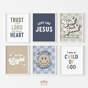 May include: Set of six printable wall art prints with inspirational quotes in a retro style. The prints feature a variety of colors and patterns, including beige, blue, green, and white. The quotes include "Trust in the Lord with all your heart", "Love like Jesus", "God is good all the time", "Be the light", "Be strong and courageous", and "I am a child of God".