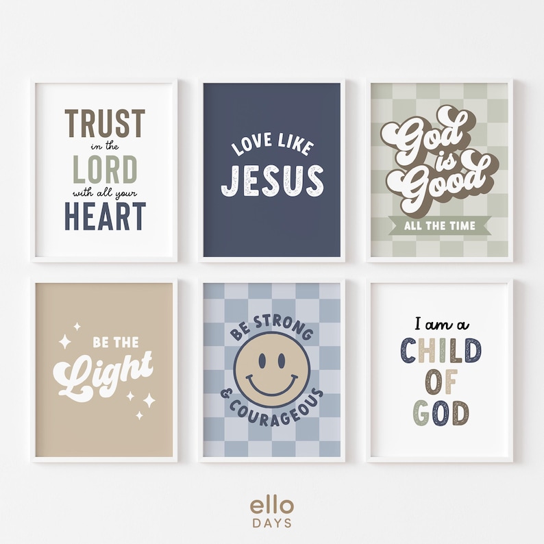 May include: Set of six printable wall art prints with inspirational quotes in a retro style. The prints feature a variety of colors and patterns, including beige, blue, green, and white. The quotes include "Trust in the Lord with all your heart", "Love like Jesus", "God is good all the time", "Be the light", "Be strong and courageous", and "I am a child of God".