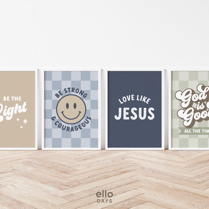 May include: Set of four printable wall art prints with inspirational quotes in a retro style. The prints feature a light brown background with a checkered pattern, a blue background with a checkered pattern, a dark blue background, and a light green background with a checkered pattern. The quotes are "Be the Light", "Be Strong & Courageous", "Love Like Jesus", and "God is Good".