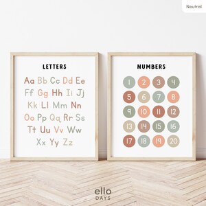 Paquete de carteles de letras y números del alfabeto neutro, impresión de pared ABC, gráfico de números, decoración del aula, decoraciones preescolares en el hogar
