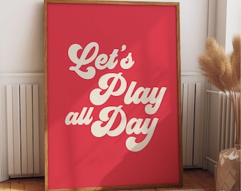 Play All Day Red Wall Art Print, Boys Room Wall Decor, Retro Vintage Sports Decor, Playroom Wall Art, Kids Room Decoration