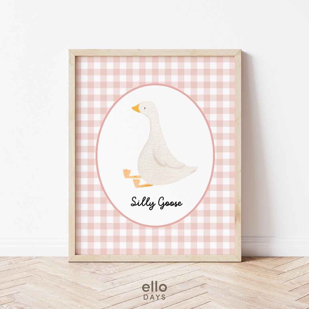 Silly Goose Girl Nursery Wall Art Decor, Gingham Pink Nursery Print ...