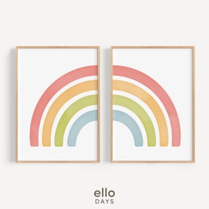 May include: Two framed prints of a rainbow with a watercolour effect. The rainbow is made up of five colours: red, orange, yellow, green, and blue. The prints are in a light wood frame.