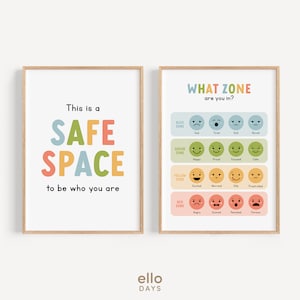 Safe Space Zone Regulation Poster Bundel, Emoties Gevoelens Grafiek, Therapie Kantoor Decor, School Counselor Muurkunst, Klaslokaal Decoratie