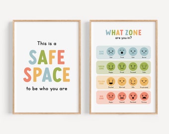 May include: Two printable posters with a colorful design. The first poster says "This is a SAFE SPACE to be who you are." The second poster says "WHAT ZONE are you in?" and has four colored zones with different emotions and facial expressions.