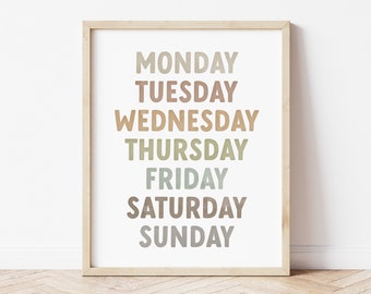 Neutral Days of the Week Printable Wall Art Poster | Educational Poster | Kids Room Playroom Homeschool Classroom Decoration | Digital Print