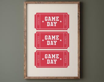 Red Game Day Ticket Sports Wall Art Print, Vintage Ticket Print Wall Decor, Red Football Basketball Baseball Game Day Poster