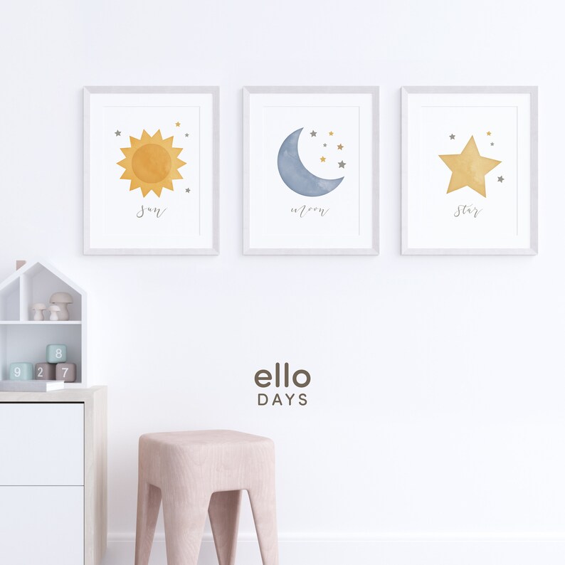 Sun Moon Star Set of 3 Nursery Wall Art Printable Celestial Baby Kids ...