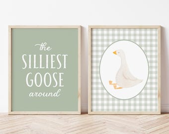 Silly Goose Wall Art Silliest Goose Around Prints Set of 2, Sage Green Nursery Wall Decor, Cottage Core Baby Toddler Room Aesthetic