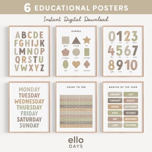 Neutral Educational Posters Set of 6, Boho Classroom Learning Decor Wall Art, Montessori Preschool Toddler Wall Prints