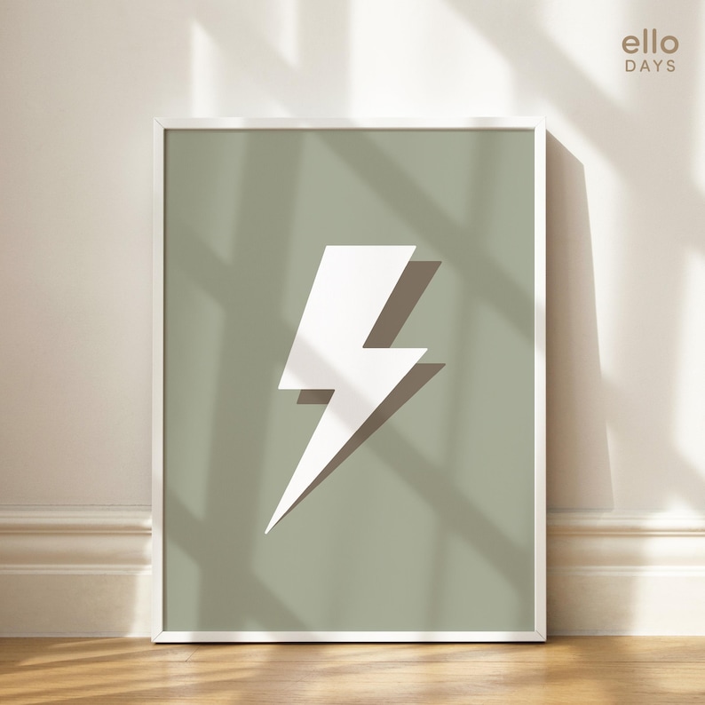 May include: A white lightning bolt graphic on a sage green background in a white frame. The text "ello DAYS" is in the top right corner of the image.