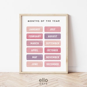 Kalendergrafiek voor klasdecoratie, maanden van het jaar leren poster, educatieve muurprint, speelkamer homeschool decor roze