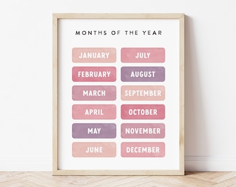 Calendar Chart for Classroom Decoration, Months of the Year Learning Poster, Educational Wall Print, Playroom Homeschool Decor Pink