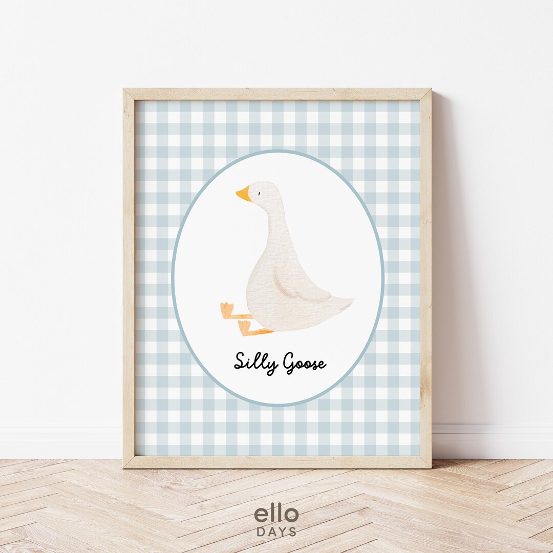 Silly Goose Print Nursery Wall Art Decor, Gingham Blue Nursery Wall Art ...