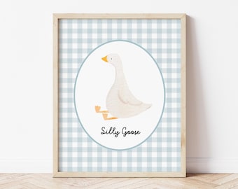 Silly Goose Print Nursery Wall Art Decor, Gingham Blue Nursery Wall Art, Silly Goose Cottage Core Baby Toddler Room Decor