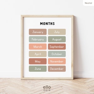 Neutrale maanden van het jaar klas kalender poster, educatieve muur print, voorschoolse maandelijkse grafiek, homeschool decor, neutrale speelkamer