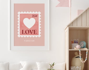 Love Heart Postage Stamp Wall Print, Red and Pink Forever Heart Valentine Poster, Special Delivery Wall Art, V Day Decor, Boho Valentine