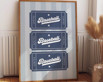 Lámina de béisbol retro para pared, decoración de pared con entradas vintage, decoración de habitación de niño azul marino, póster imprimible con entradas deportivas, decoración de cuarto de juegos para niño