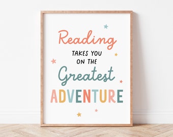 Reading Adventures Classroom Decoration Print, Reading Corner Wall Art, Reading Nook Decor, Playroom Posters