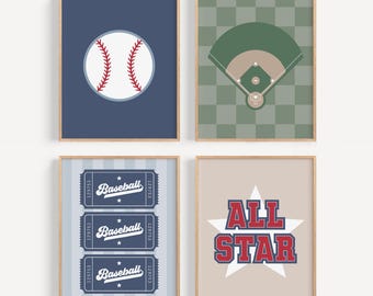Baseball Nursery Wall Art Set of 4, Printable Sports Decor for Boys Room, Kids Baseball Wall Prints, Baseball Art for Toddler Room
