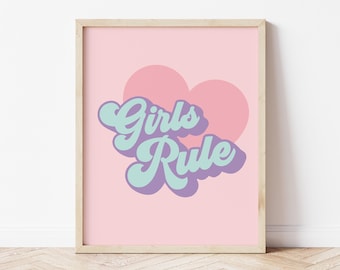 Girls Rule Girl Room Decor Arte murale rosa, Stampe per sala giochi per ragazze Arte murale femminile, Poster Girl Power Decorazione per la stanza dei bambini, Stampe rosa per la cameretta dei bambini