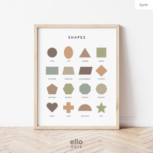 Póster educativo de formas de tono terrestre, formas 2D, impresión neutra de sala de juegos, decoración de pared de escuela en el hogar, arte de pared preescolar Montessori