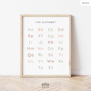Cartel de alfabeto simple minimalista neutro, gráfico ABC educativo, signo de aprendizaje en el aula, arte de la pared de la guardería