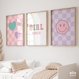 Décoration de chambre de fille rose, lot de 3 impressions, art mural girly, décoration de chambre d'enfant, affiches de salle de jeux fille, lot d'oeuvres d'art murales Teen Girl Power