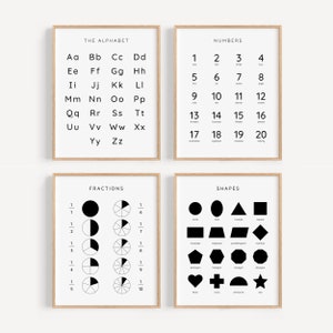 Conjunto de carteles educativos minimalistas de 4, gráficos de aprendizaje en blanco y negro, impresiones simples en la pared del aula