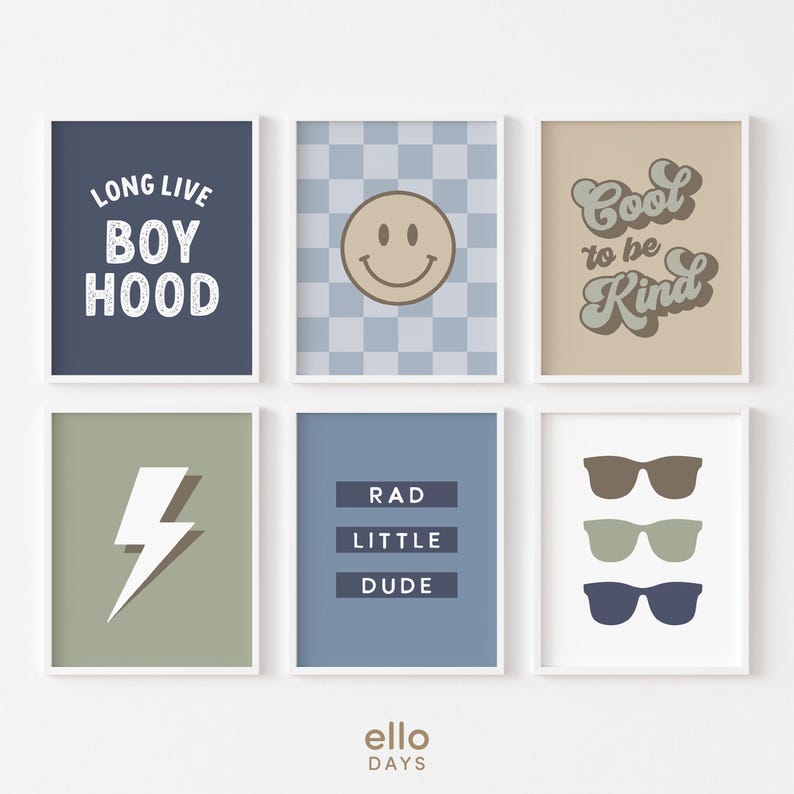 May include: Set of six prints with a retro theme. The prints feature a smiley face, a lightning bolt, sunglasses, checkered pattern, and text that says "Long Live Boyhood" and "Rad Little Dude".