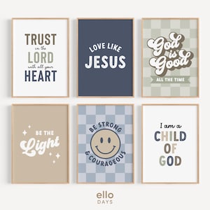 May include: Set of six printable wall art prints with inspirational quotes in a retro style. The prints feature a variety of colors and patterns, including beige, blue, and green. The quotes include "Trust in the Lord with all your heart", "Love like Jesus", "God is good all the time", "Be the light", "Be strong and courageous", and "I am a child of God".