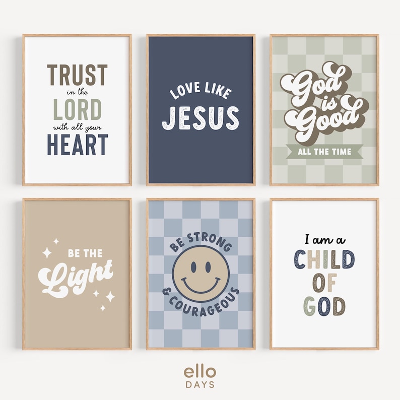 May include: Set of six printable wall art prints with inspirational quotes in a retro style. The prints feature a variety of colors and patterns, including beige, blue, and green. The quotes include "Trust in the Lord with all your heart", "Love like Jesus", "God is good all the time", "Be the light", "Be strong and courageous", and "I am a child of God".