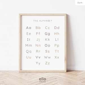 Cartel del alfabeto en tono neutro de la tierra, impresión ABC educativa minimalista, tabla de letras en el aula, decoración de la sala de juegos Montessori, guardería neutral