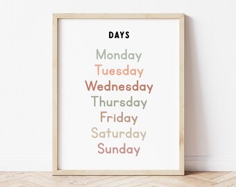 Neutrale Wochentage Lernposter, Klassenzimmer Kalender Tage Wanddruck, Homeschool Dekor, Montessori Kleinkind Spielzimmer Wandkunst