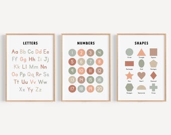 Neutral Alphabet Letters Numbers Shapes Educational Poster Set, Classroom Wall Decor, Preschool Wall Art, Homeschool Prints, Playroom Decor