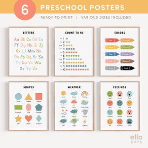 Toddler Preschool Educational Posters, Set of 6 Classroom Prints, Montessori Homeschool Wall Art, Playroom Decor