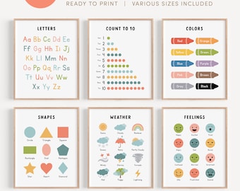 Toddler Preschool Educational Posters, Set of 6 Classroom Prints, Montessori Homeschool Wall Art, Playroom Decor